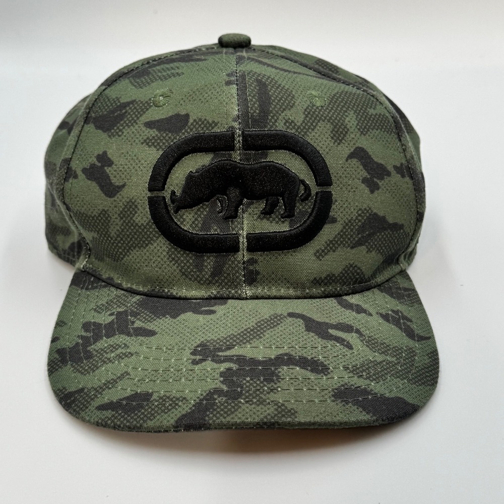 Ecko Unltd Mens Camo Snapback Hat Black Rhino Logo Green Camouflage